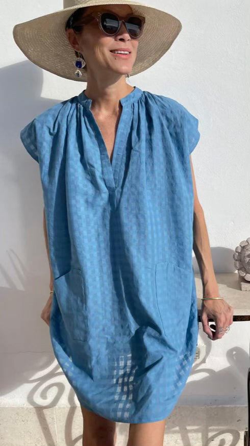 Khadi Grid Pocket Tunic col. Chambray